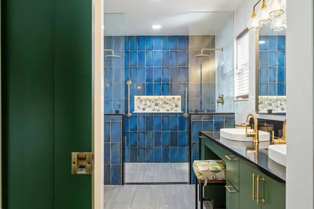 Emerald and Indigo Mosaic Bath — interior design by Interiors by JanLee, Colorado Springs